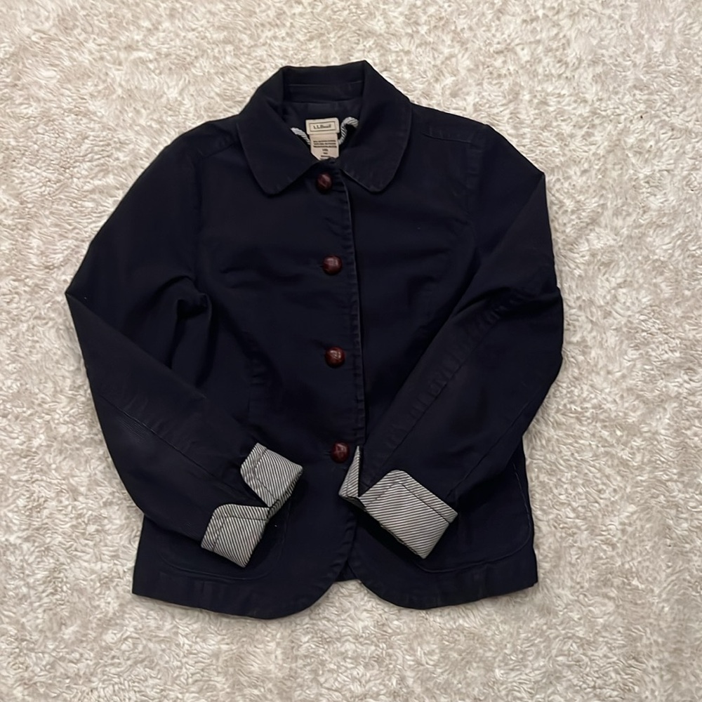 LL Bean Size  6 Navy Blue Corduroy Blazer Jacket Striped Cuff Duck Embroidered.